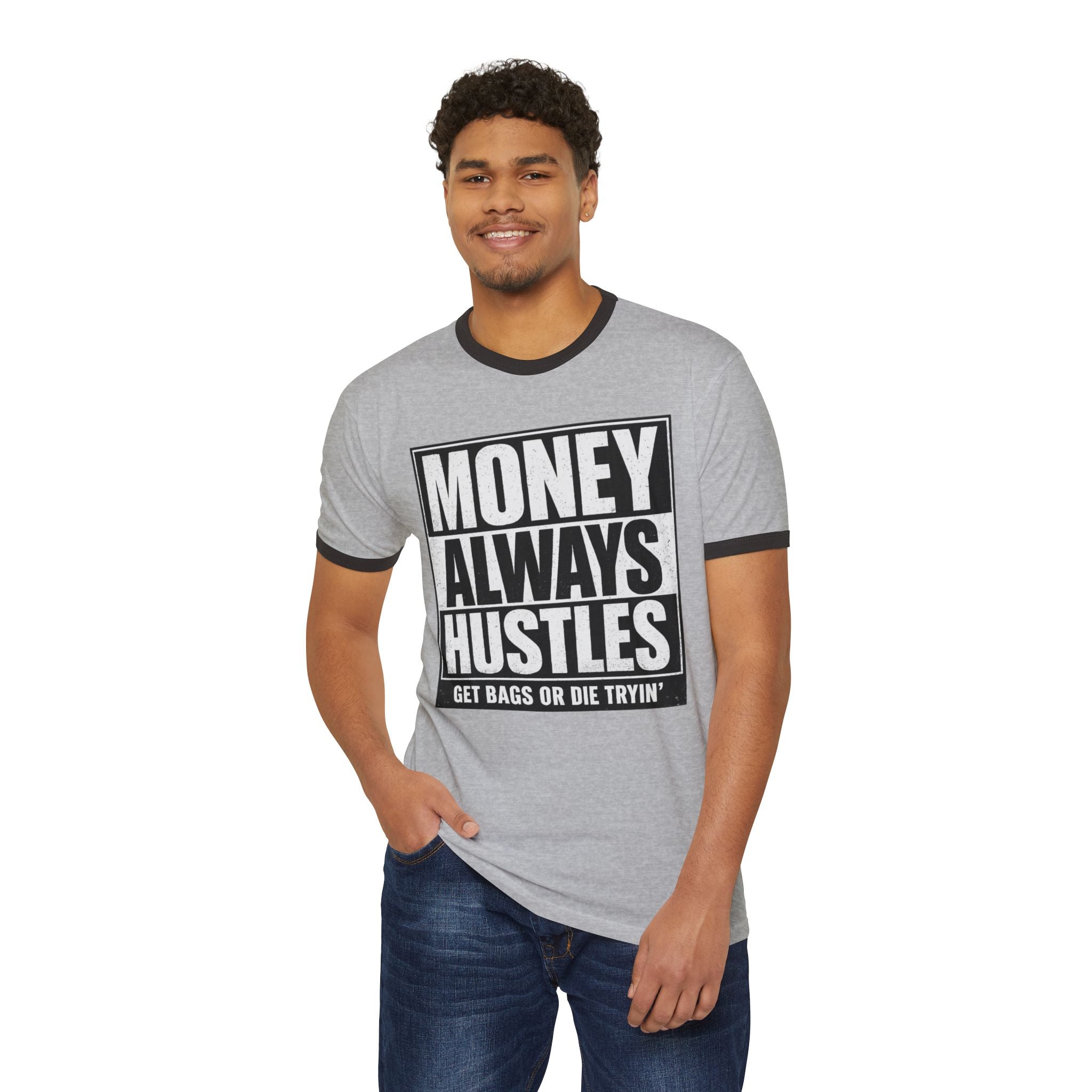 Money Always Hustles Ringer T-Shirt — "Get Bags or Die Tryin'" Graphic Tee