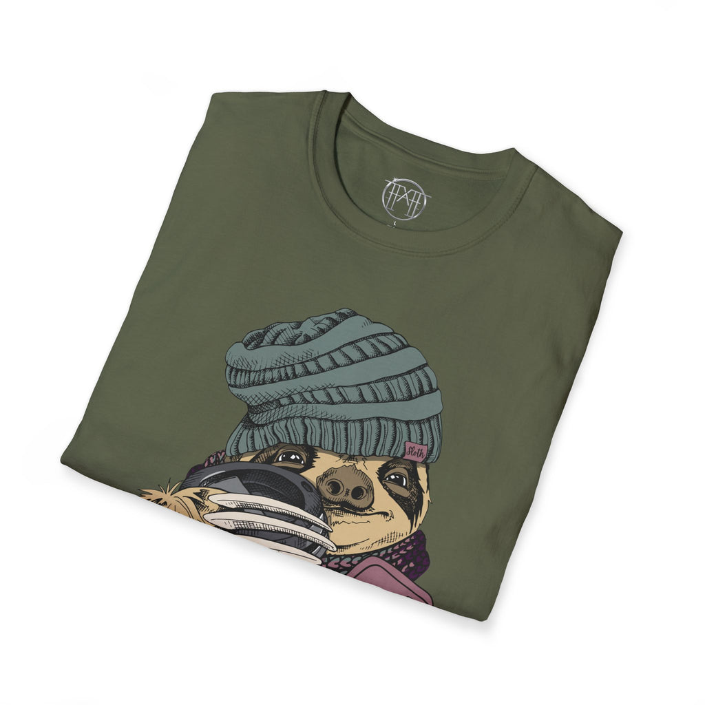 Cozy Sloth Coffee Tee – Cute Winter Sloth Holding Coffee Cup T-Shirt