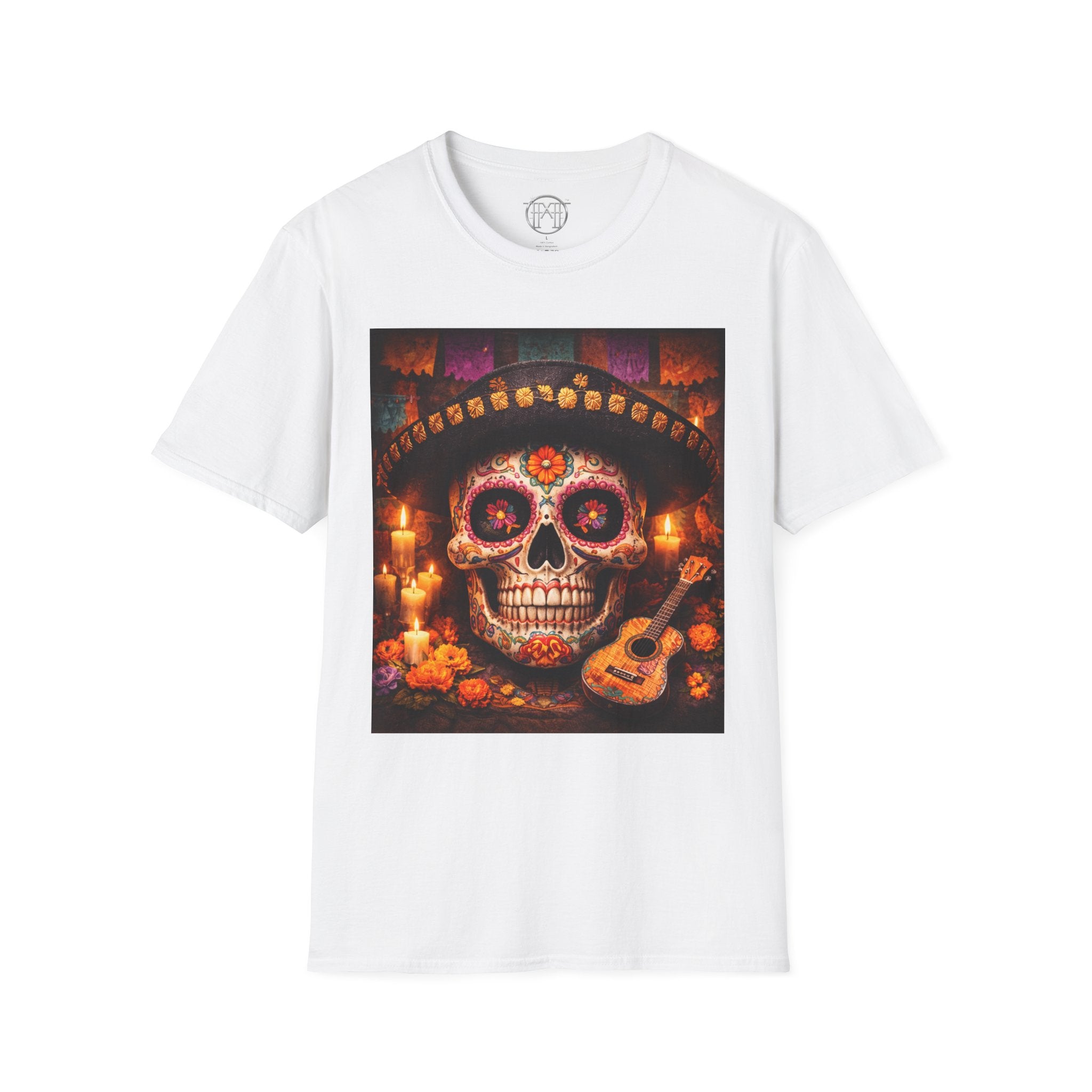 Day of the Dead Sugar Skull T-Shirt — Floral Calavera with Guitar & Candles