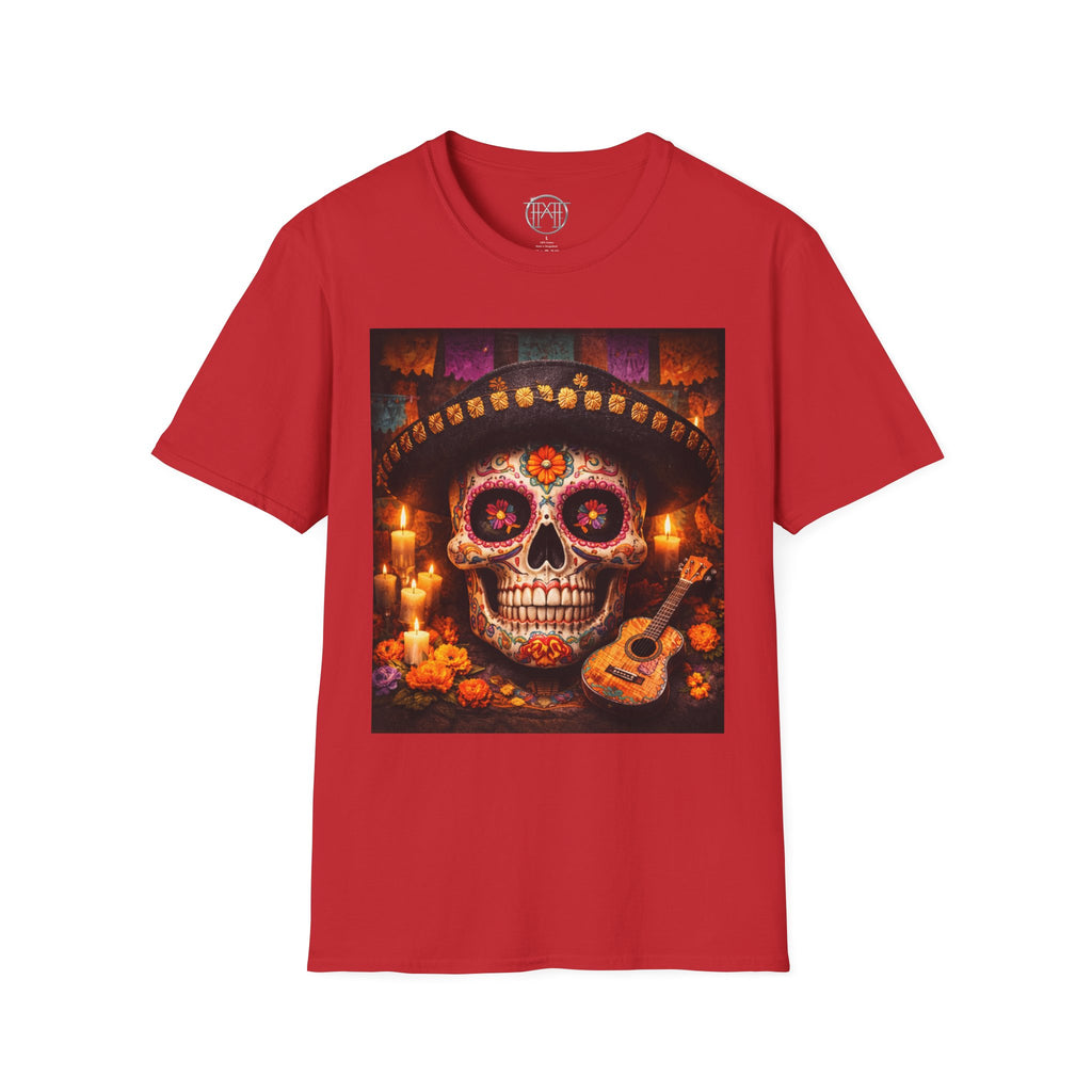 Day of the Dead Sugar Skull T-Shirt — Floral Calavera with Guitar & Candles
