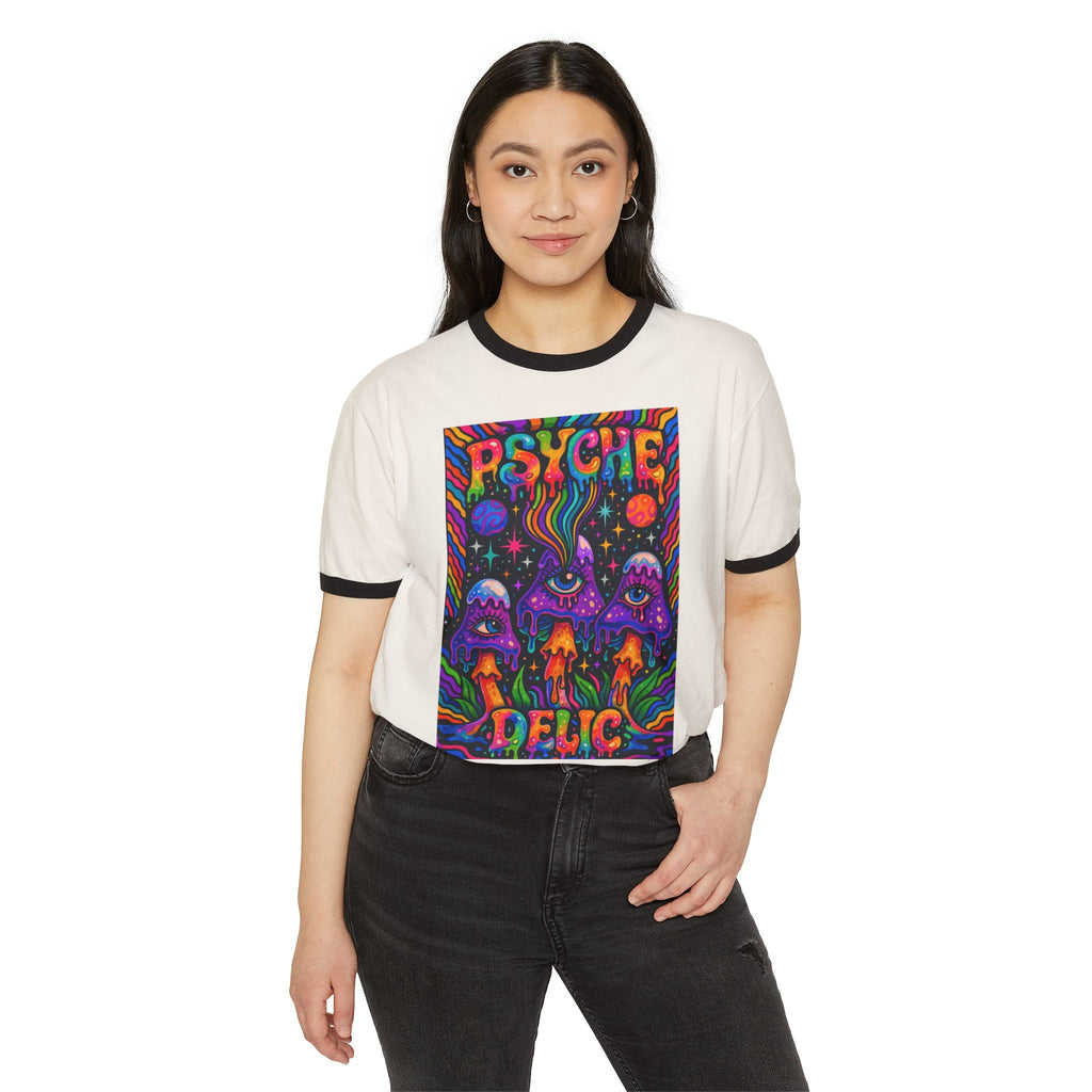 Psychedelic Mushroom Ringer T‑Shirt — 'Psyche Delic' Retro Trippy Graphic