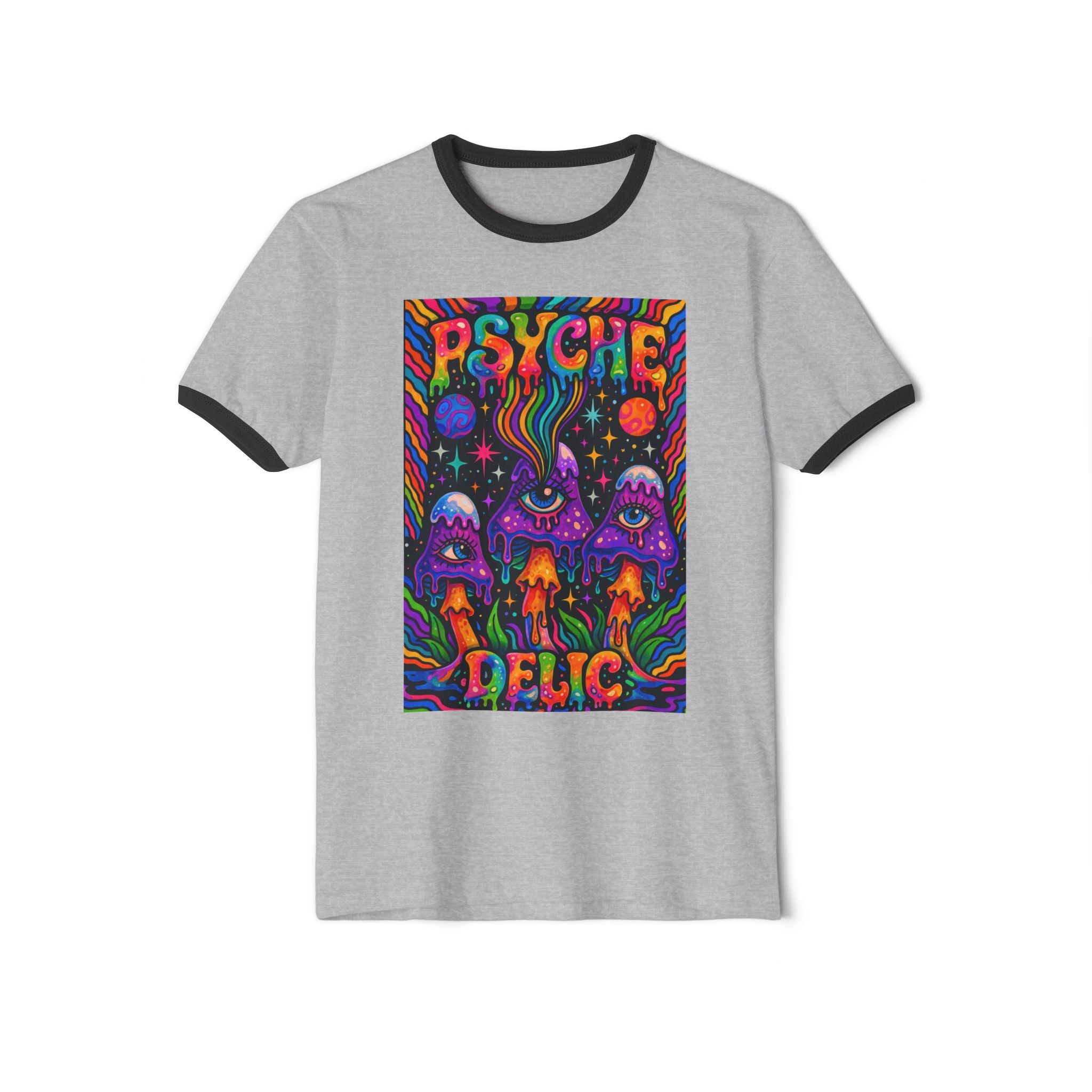 Psychedelic Mushroom Ringer T‑Shirt — 'Psyche Delic' Retro Trippy Graphic