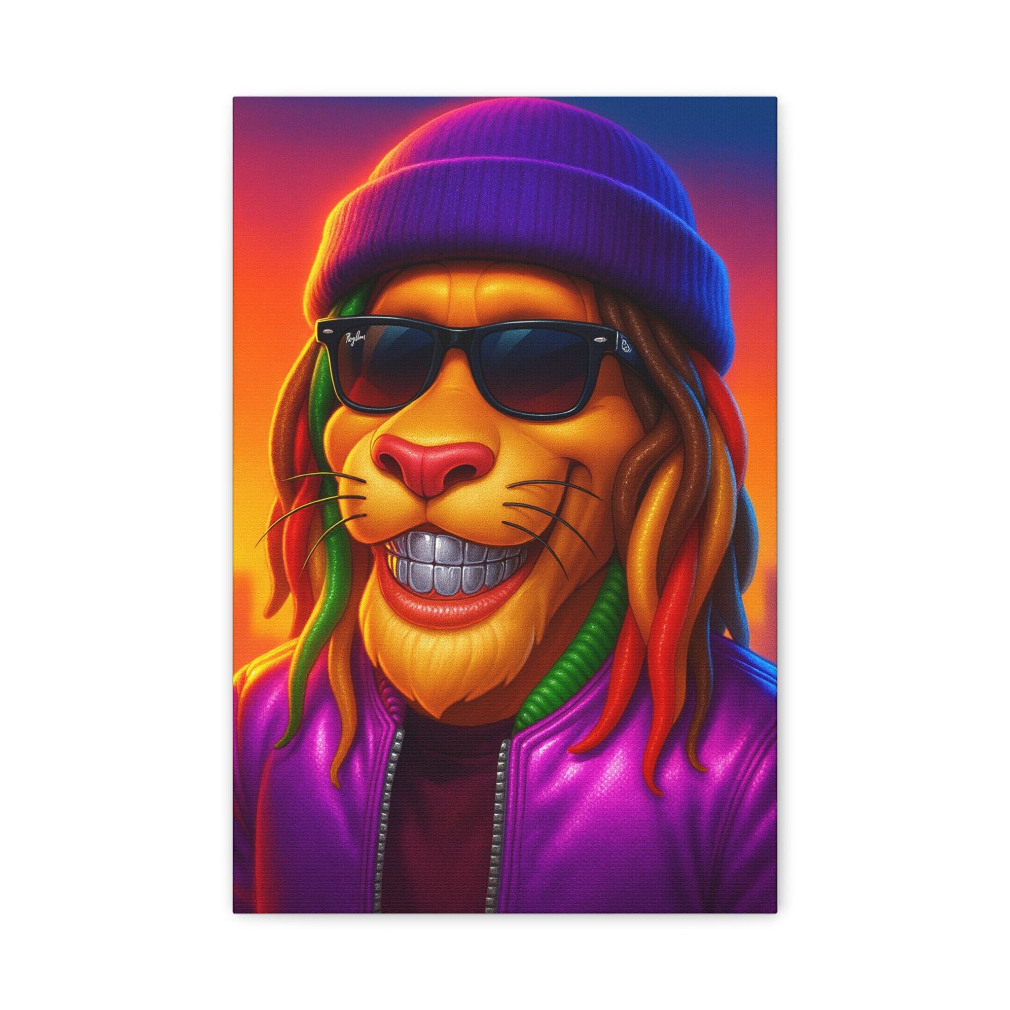 Rasta Lion Portrait Matte Canvas Wall Art — Colorful Urban Animal Print