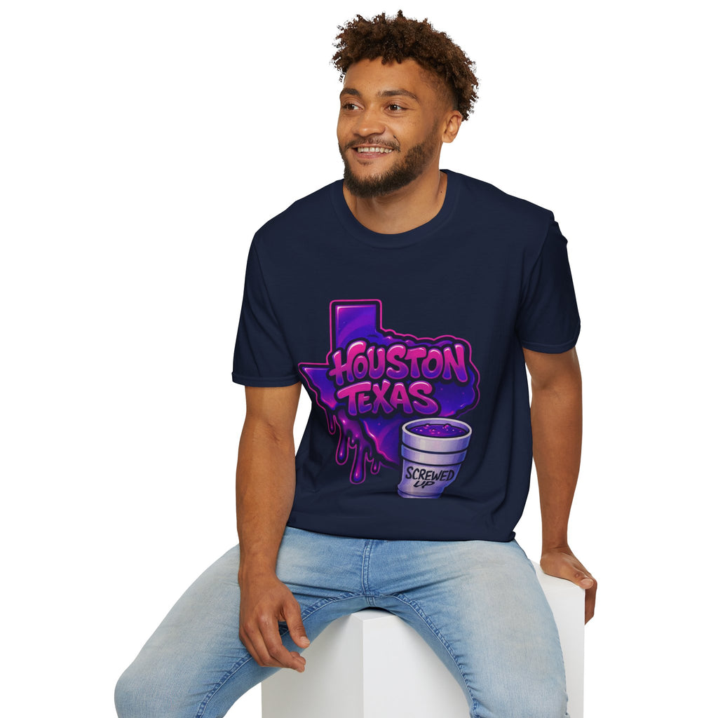 Houston Texas Screwed Up T-Shirt — Neon Drip Styrofoam Cup Design