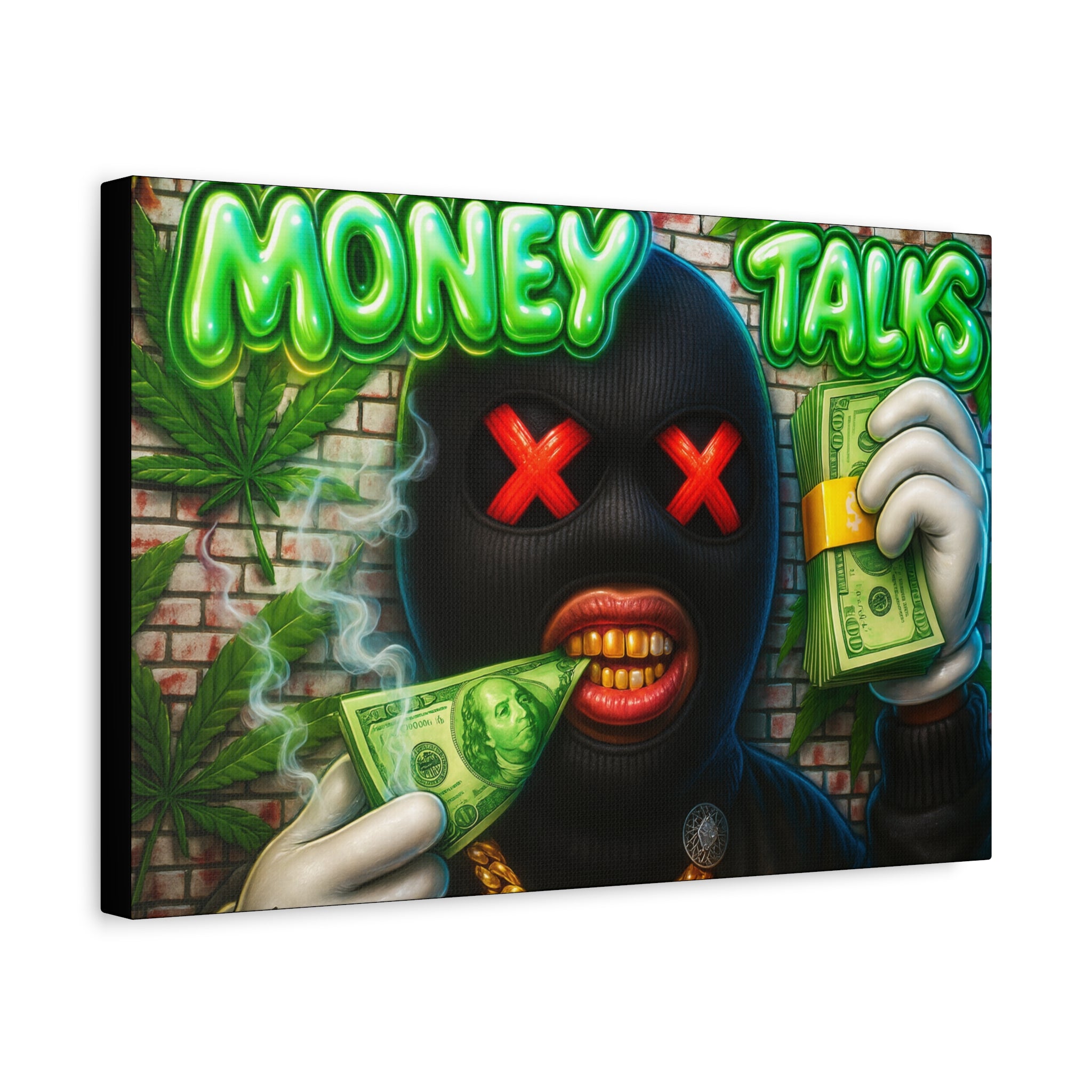 Money Talk Canvas Wall Art — Urban Graffiti Masked Figure with Cash