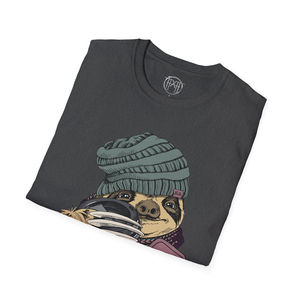 Cozy Sloth Coffee Tee – Cute Winter Sloth Holding Coffee Cup T-Shirt