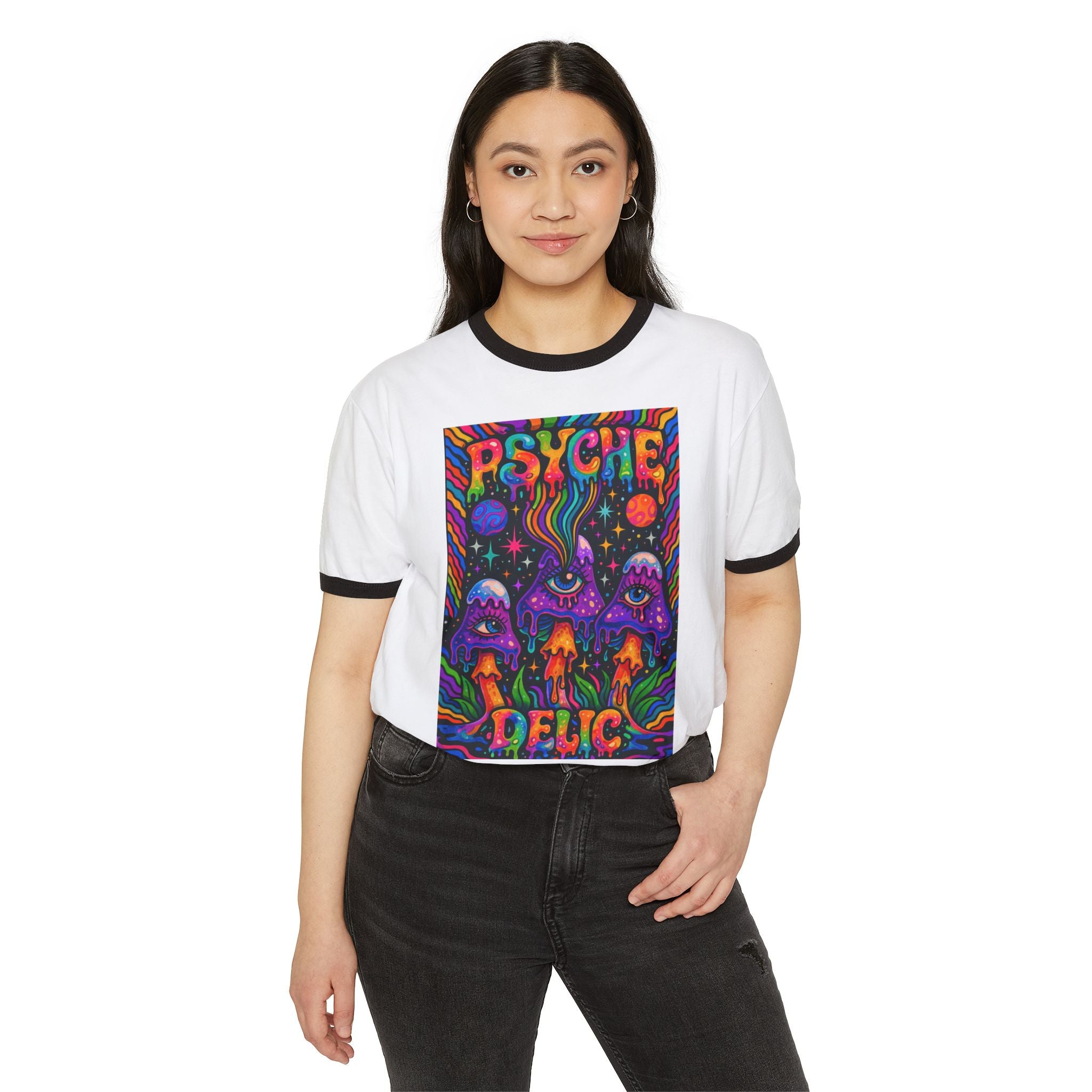 Psychedelic Mushroom Ringer T‑Shirt — 'Psyche Delic' Retro Trippy Graphic