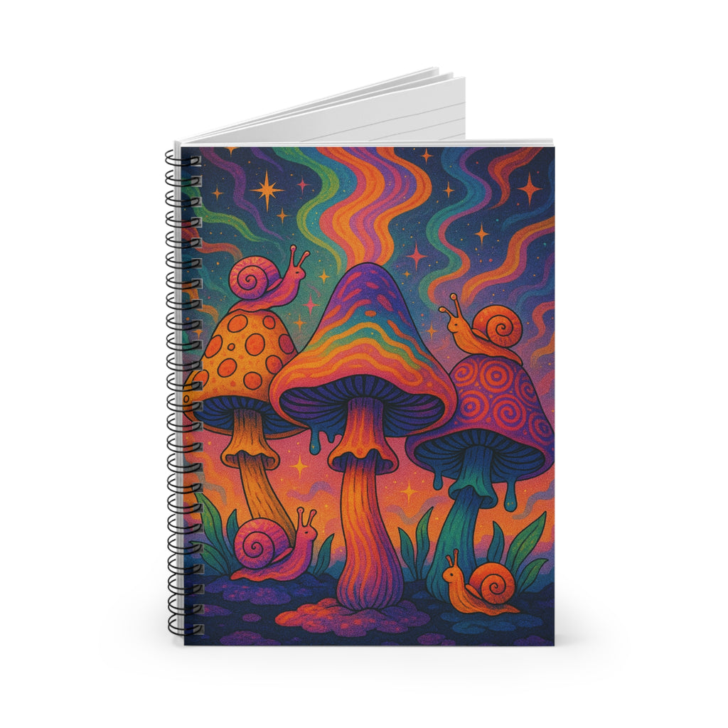 Psychedelic Mushroom Spiral Notebook — Colorful Snail & Rainbow Fungi Ruled Journal
