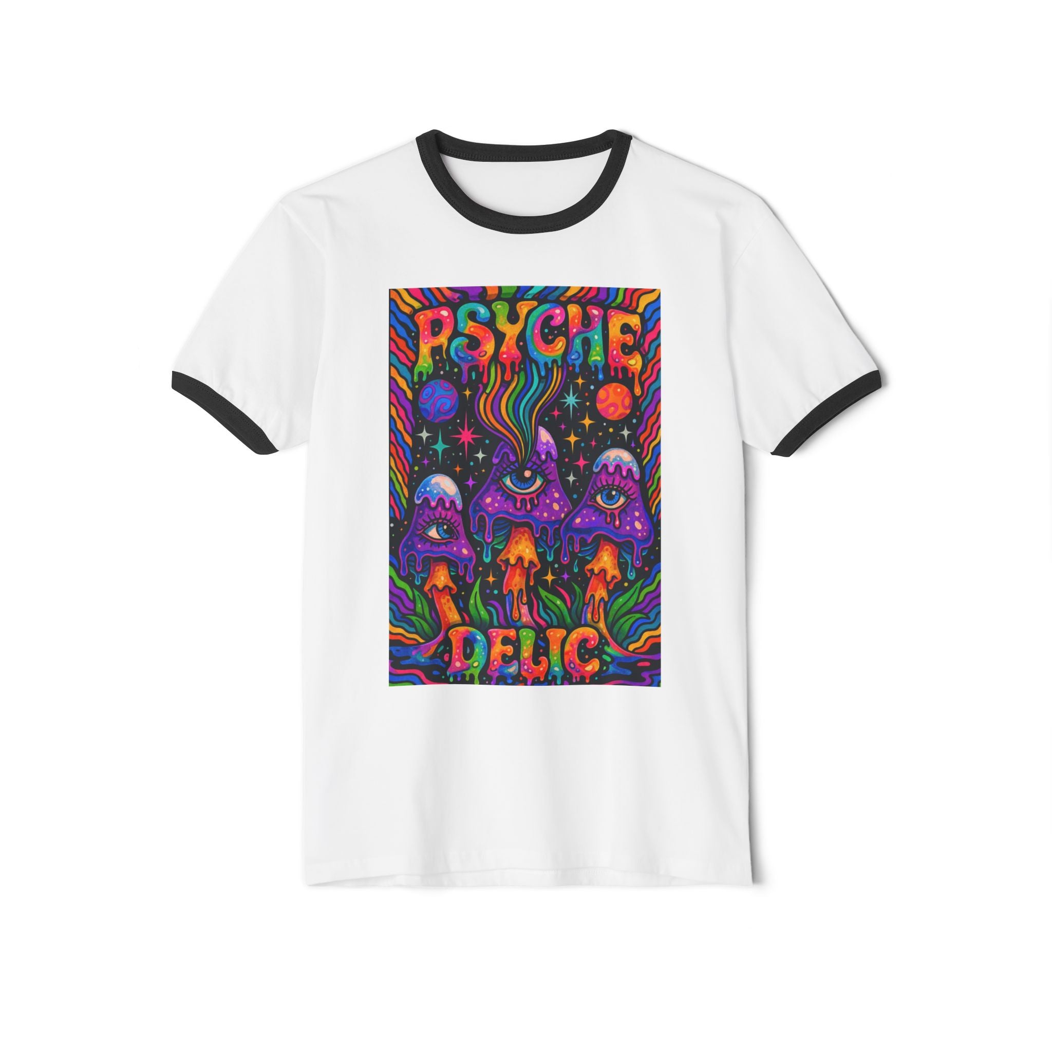 Psychedelic Mushroom Ringer T‑Shirt — 'Psyche Delic' Retro Trippy Graphic