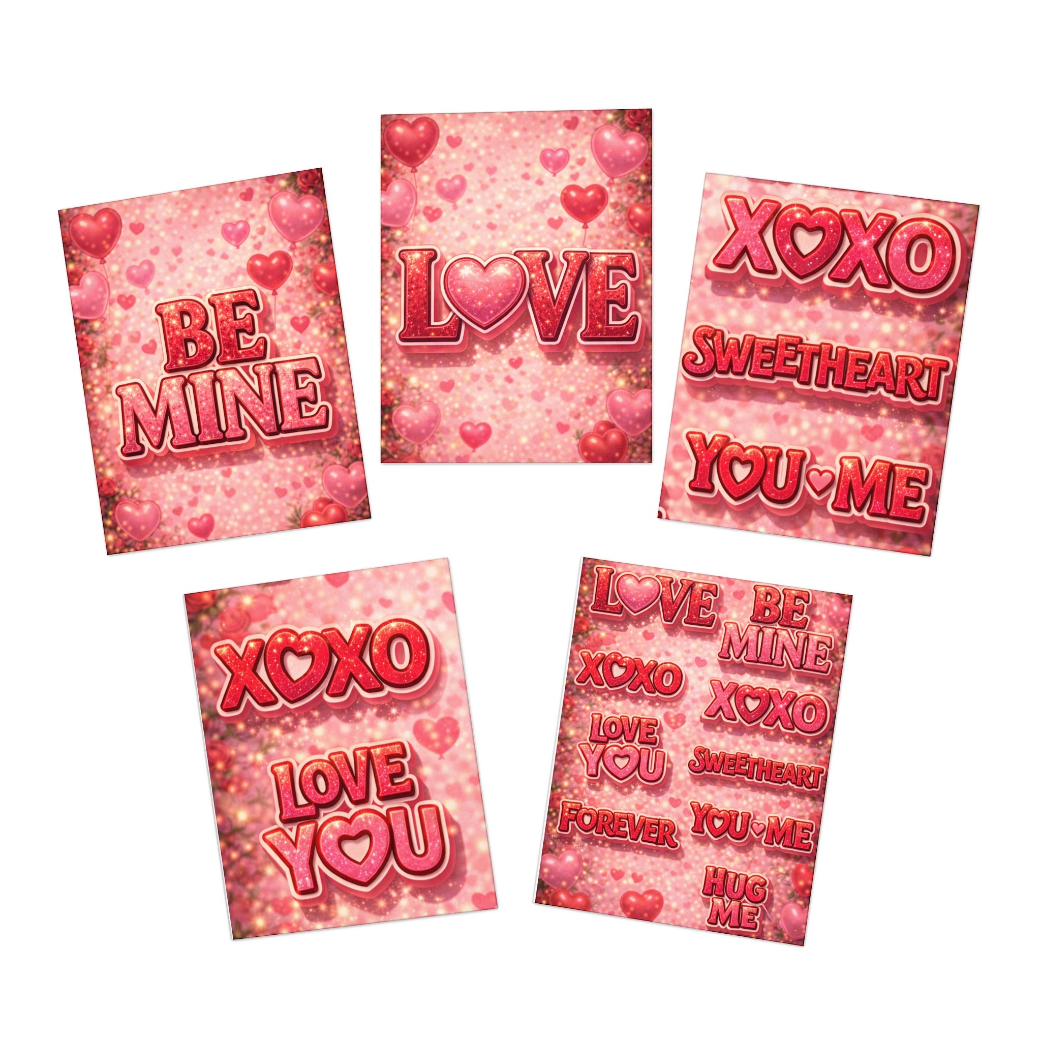Valentine Love Cards - 5-Pack Greeting Card Set (Be Mine, XOXO, Love You)