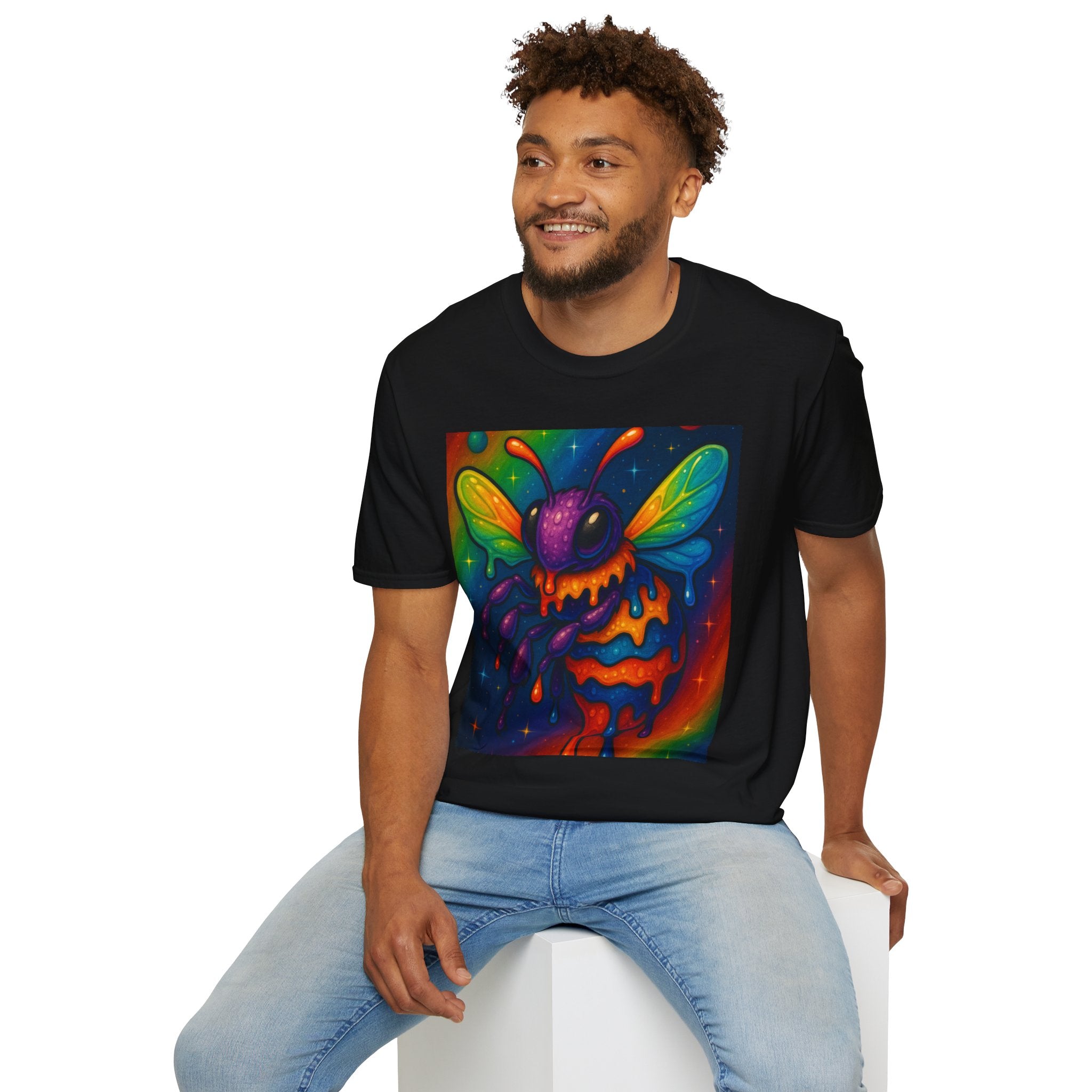 Psychedelic Dripping Bee T-Shirt — Neon Rainbow Insect Graphic Tee