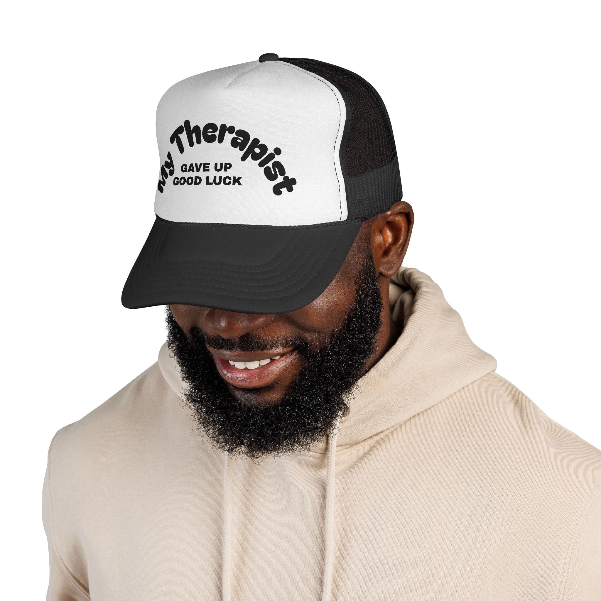 Trucker Cap — "My Therapist Gave Up Good Luck" Funny Mesh Hat for Mental Health Humor