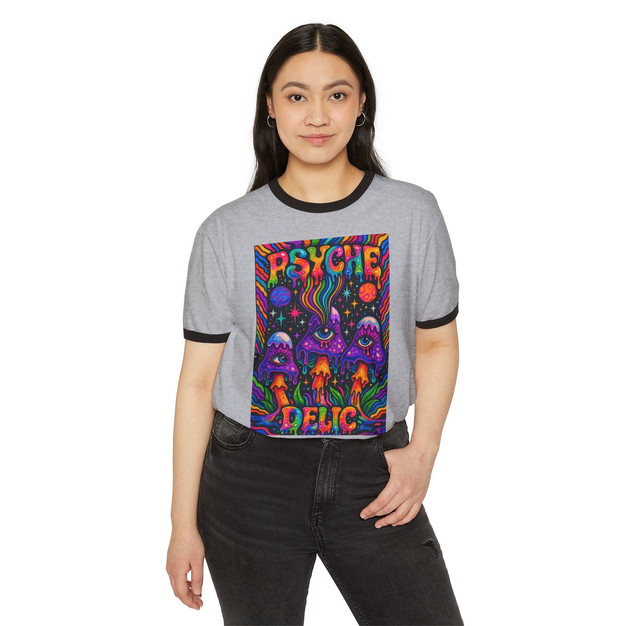 Psychedelic Mushroom Ringer T‑Shirt — 'Psyche Delic' Retro Trippy Graphic