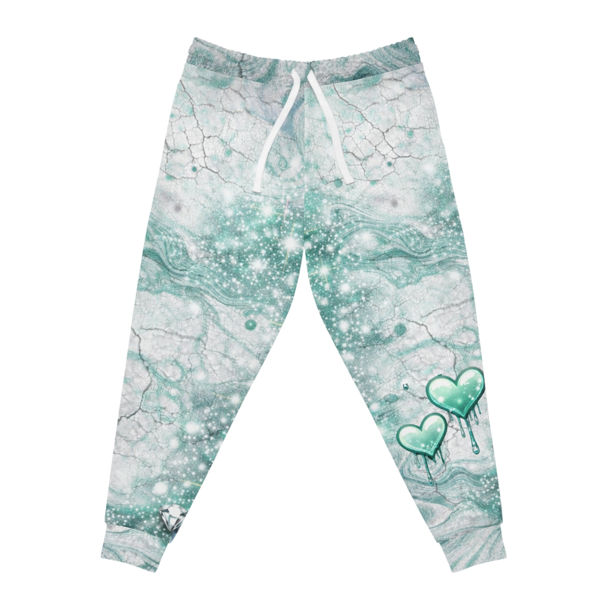Teal Marble Glitter Athletic Joggers — Sparkling Hearts & Diamonds All-Over Print