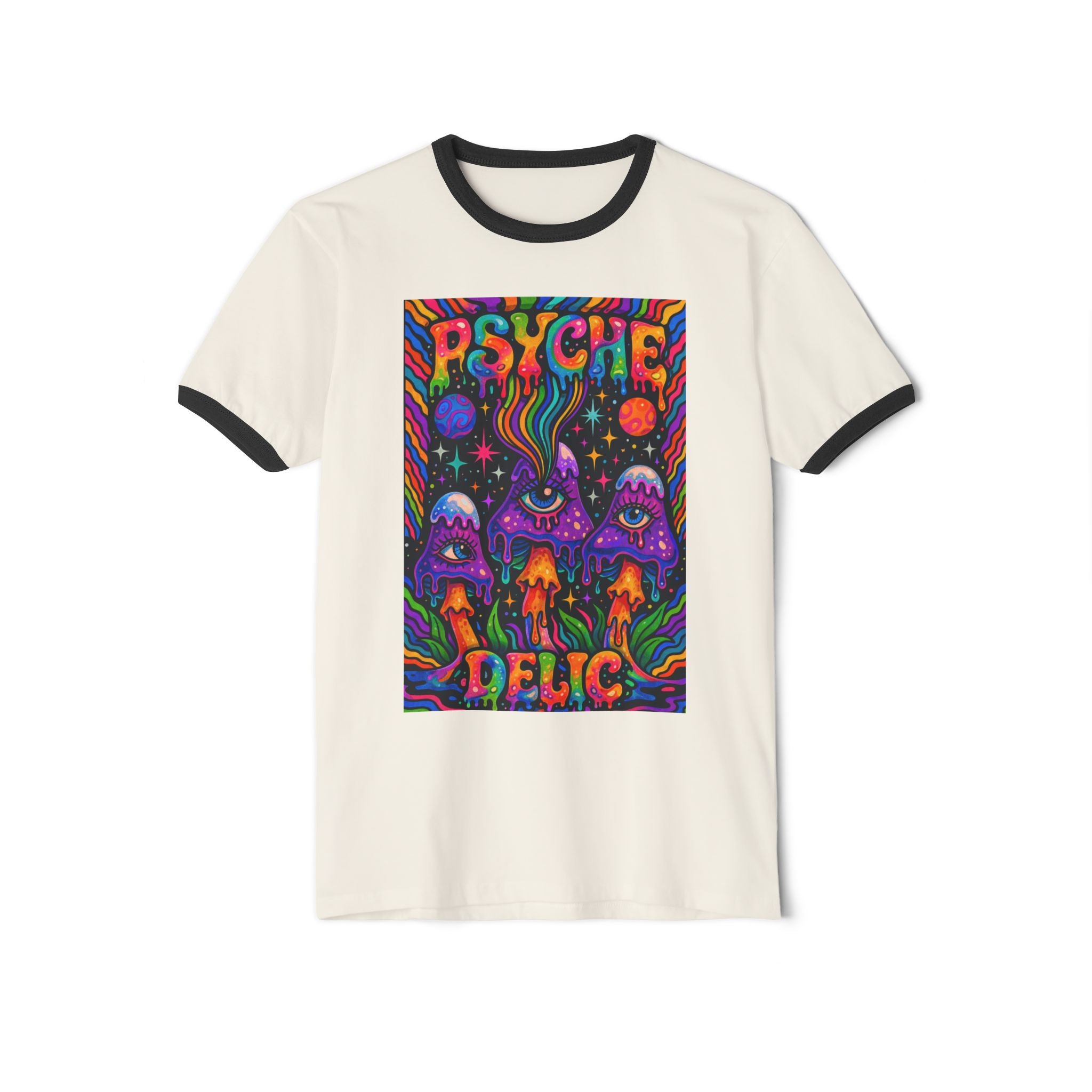 Psychedelic Mushroom Ringer T‑Shirt — 'Psyche Delic' Retro Trippy Graphic
