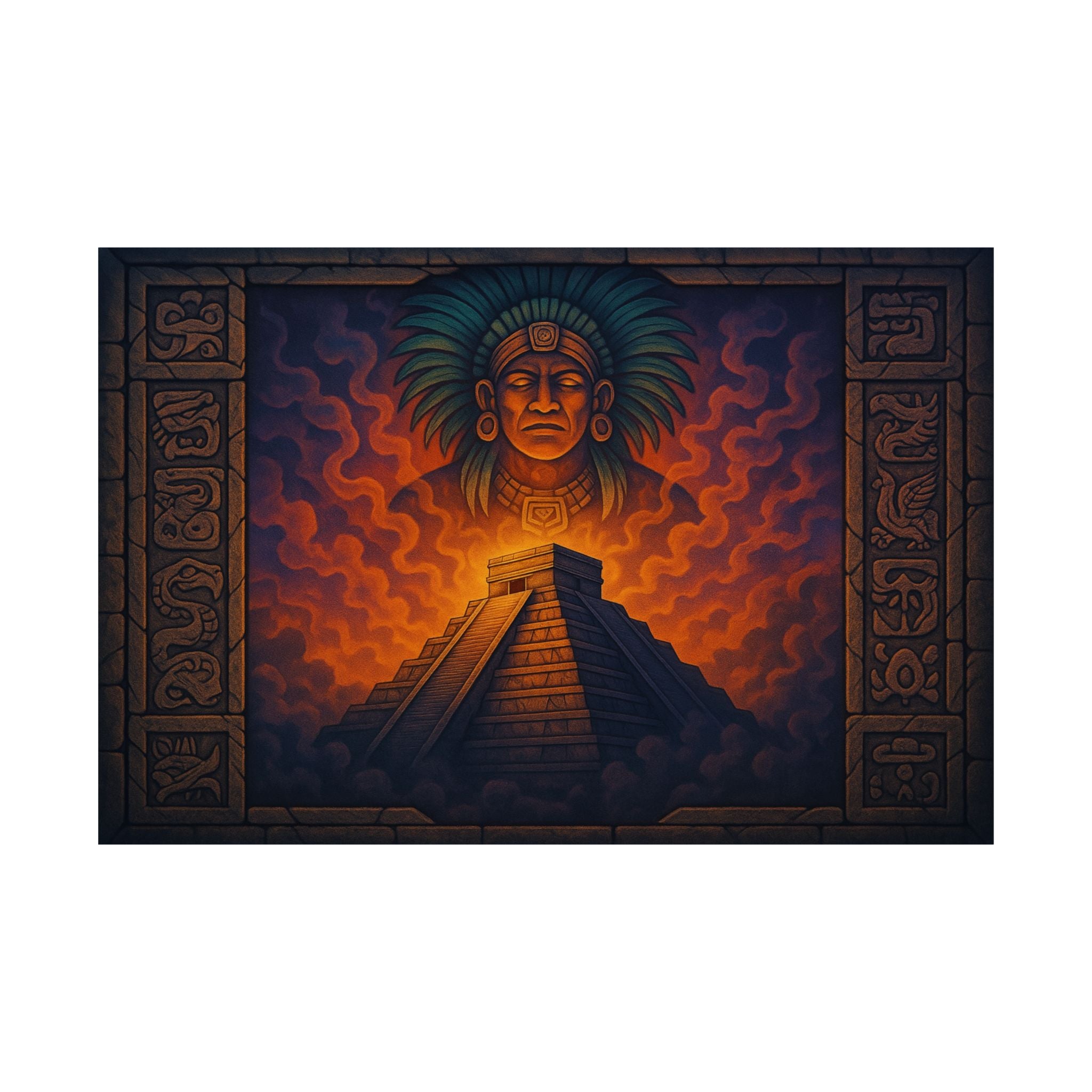 Aztec Pyramid Matte Poster — Fiery Sun God Wall Art (Horizontal)