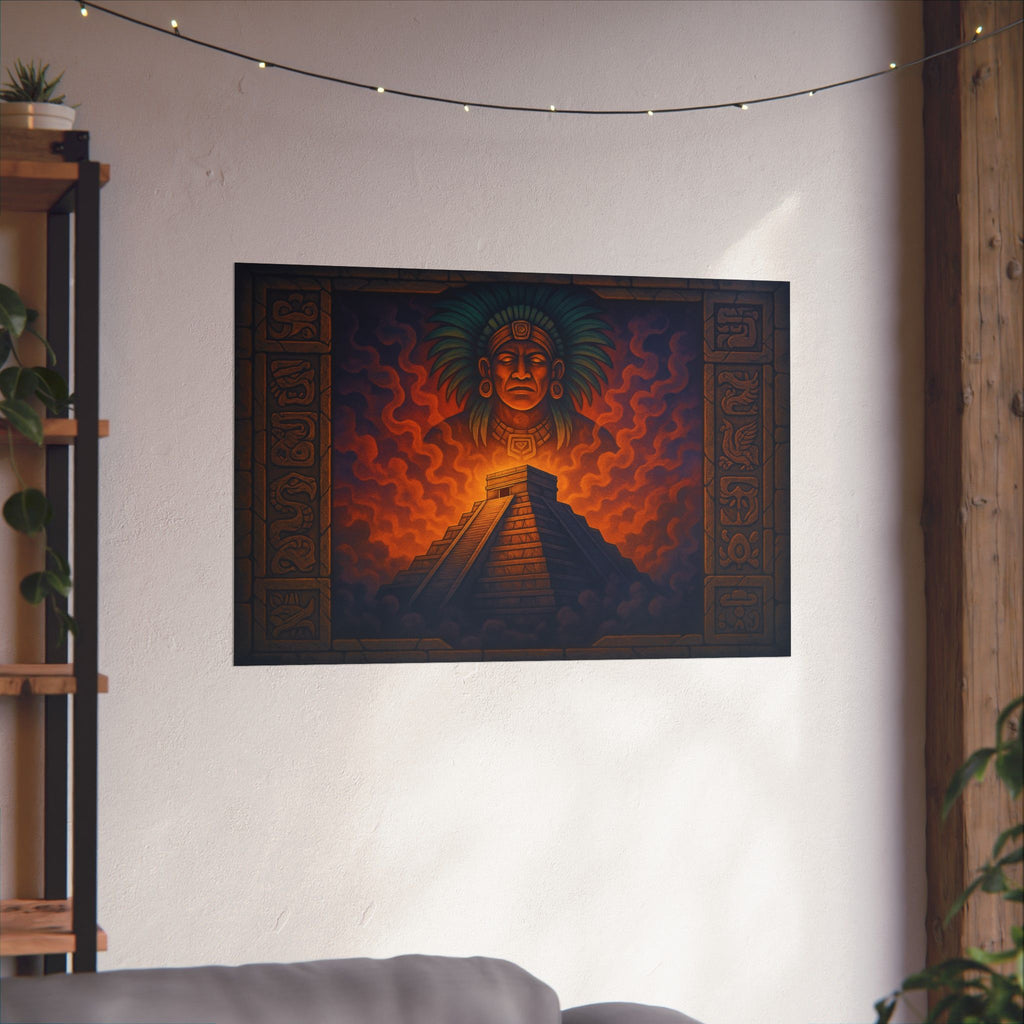 Aztec Pyramid Matte Poster — Fiery Sun God Wall Art (Horizontal)