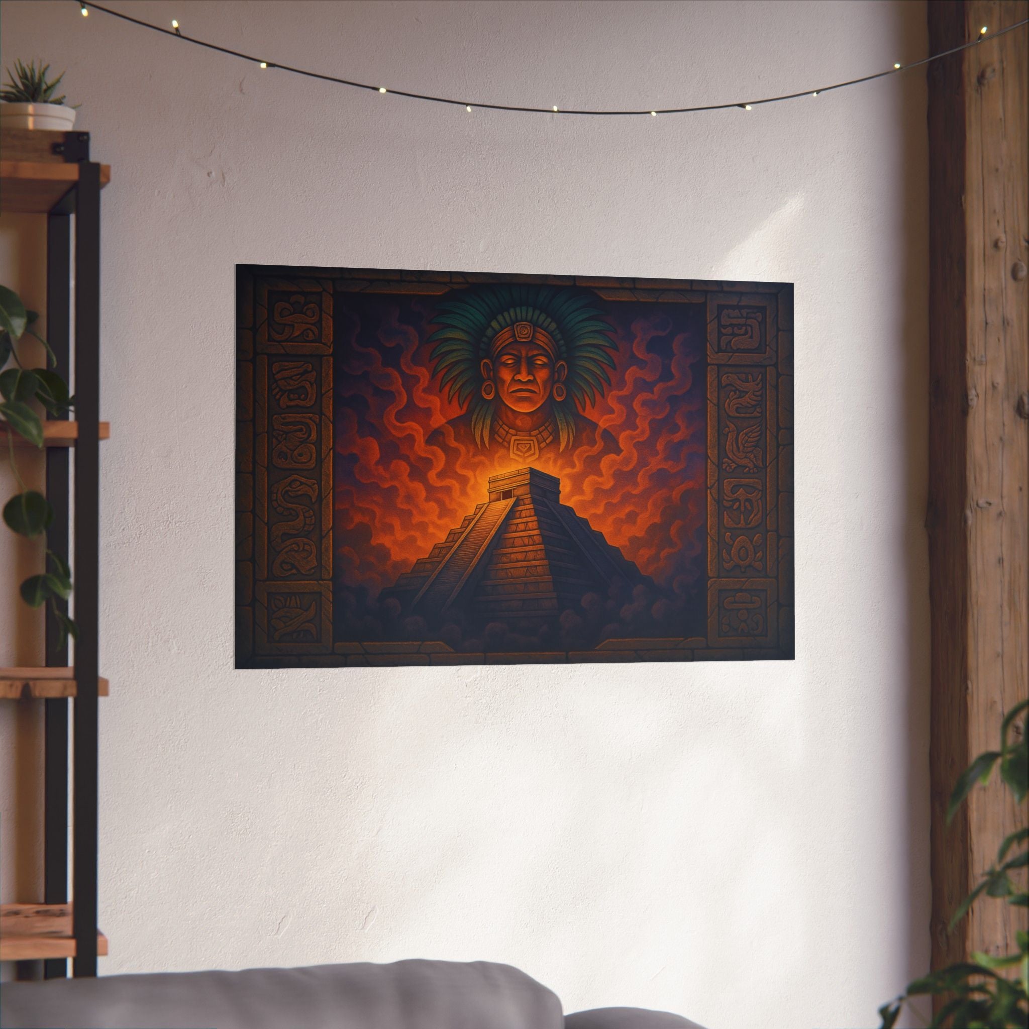 Aztec Pyramid Matte Poster — Fiery Sun God Wall Art (Horizontal)