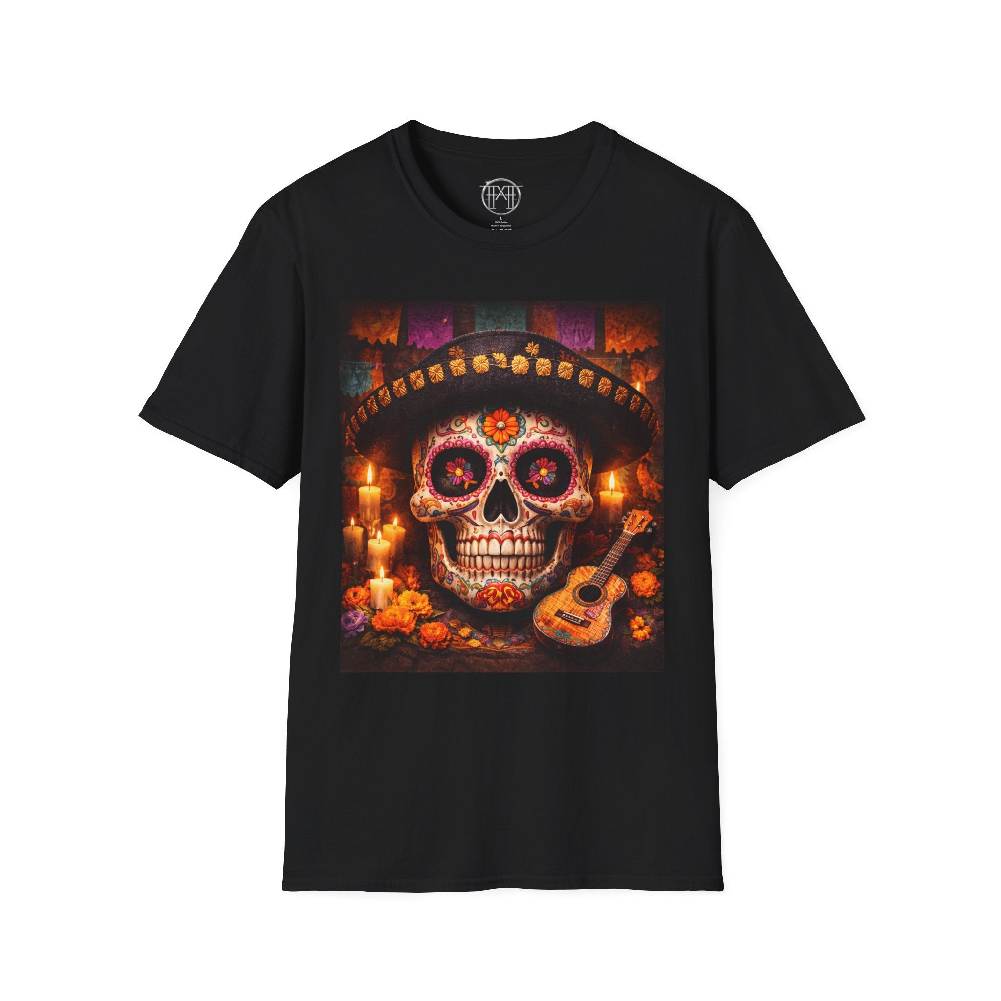 Day of the Dead Sugar Skull T-Shirt — Floral Calavera with Guitar & Candles