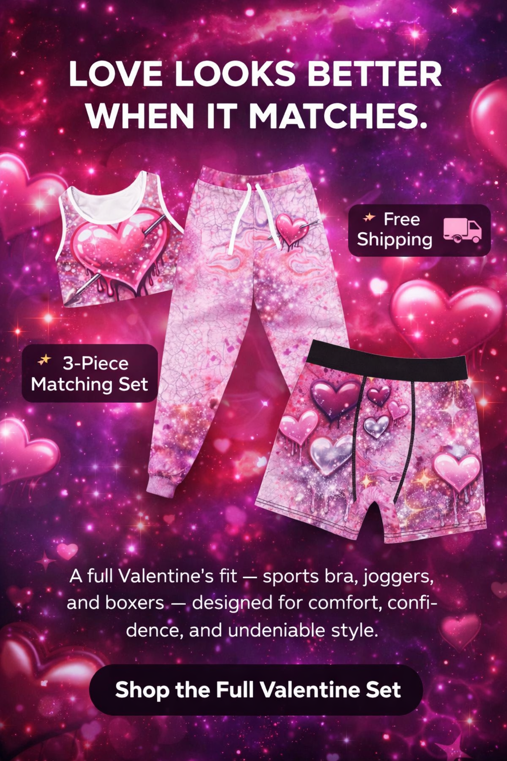 Women’s Valentines Set – Sports Bra + Boxers + Joggers