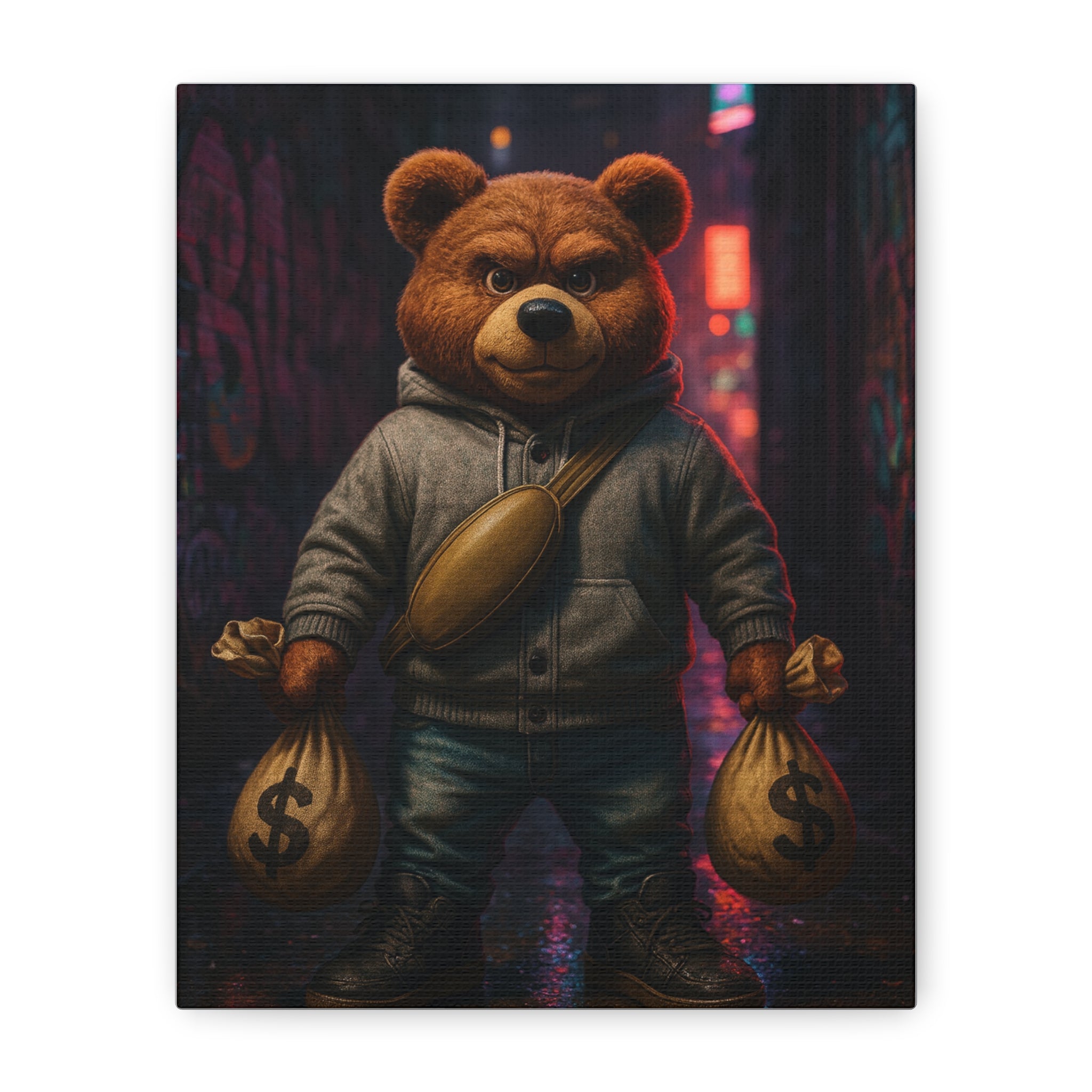 Urban Teddy Bear Canvas Art — Streetwise Teddy with Money Bags Matte Stretched Print