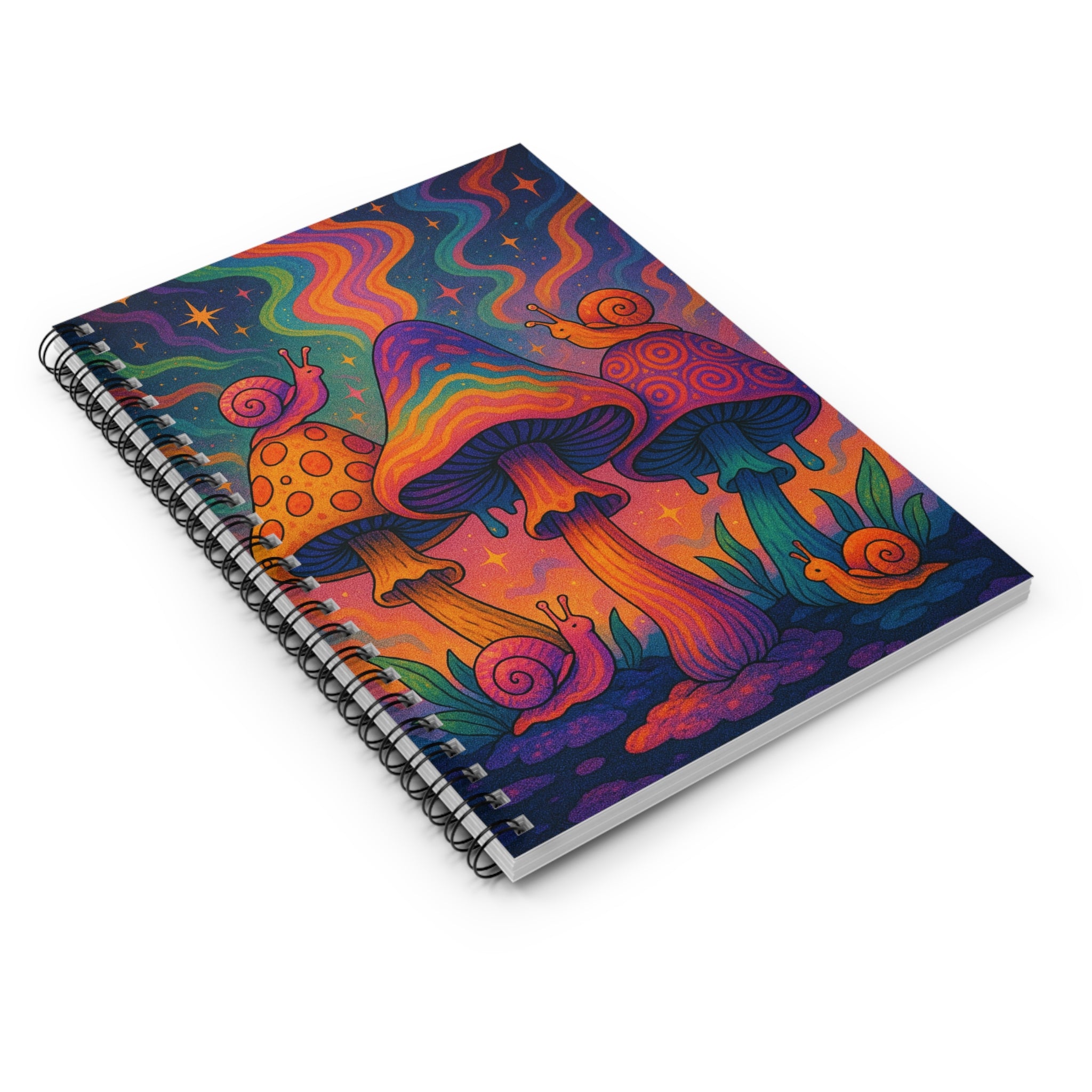 Psychedelic Mushroom Spiral Notebook — Colorful Snail & Rainbow Fungi Ruled Journal