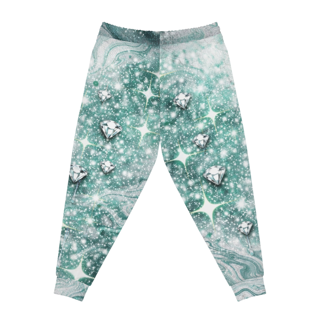 Teal Marble Glitter Athletic Joggers — Sparkling Hearts & Diamonds All-Over Print