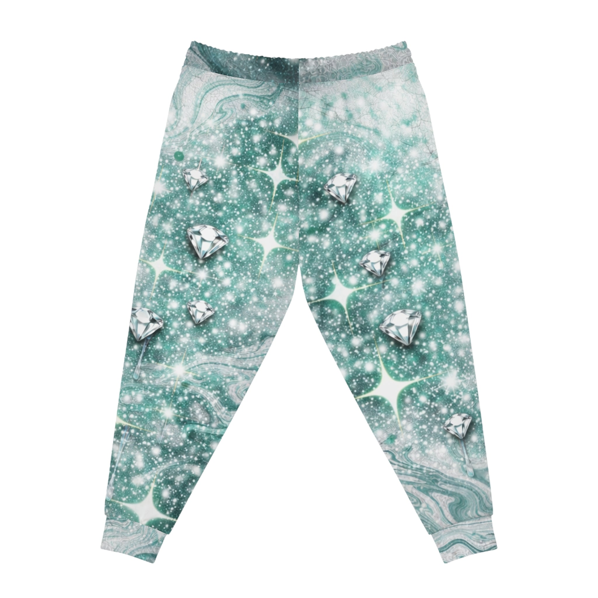Teal Marble Glitter Athletic Joggers — Sparkling Hearts & Diamonds All-Over Print