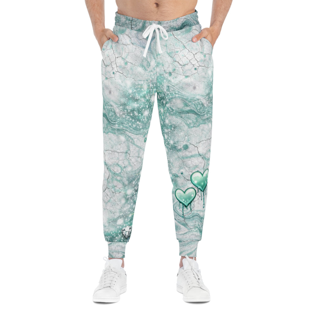 Teal Marble Glitter Athletic Joggers — Sparkling Hearts & Diamonds All-Over Print