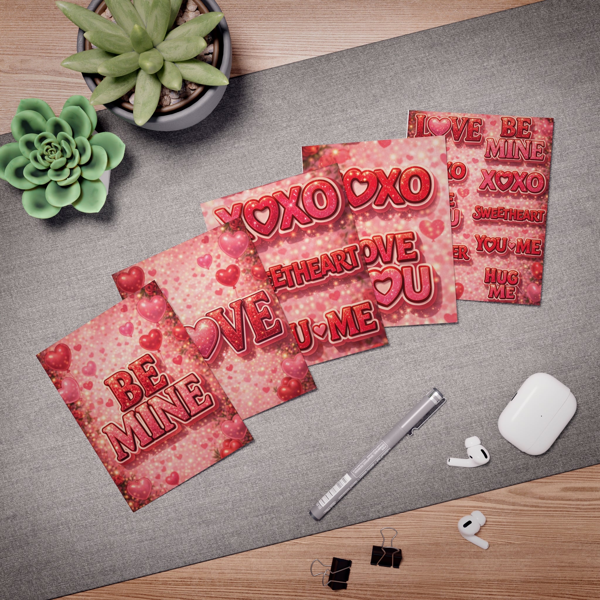 Valentine Love Cards - 5-Pack Greeting Card Set (Be Mine, XOXO, Love You)