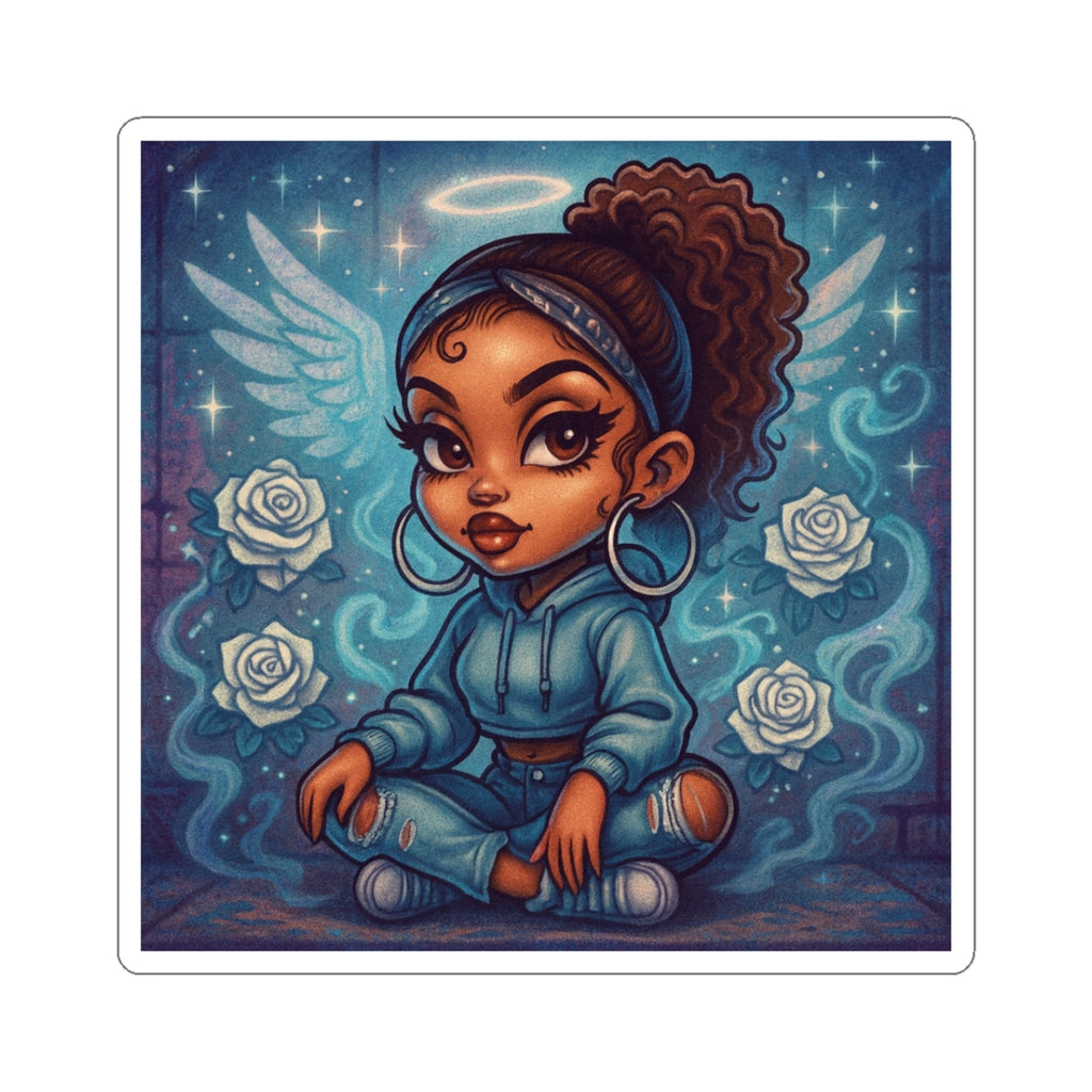 Angel Girl Vinyl Sticker - Cute Urban Angel Illustration, Floral Halo Kiss-Cut Sticker
