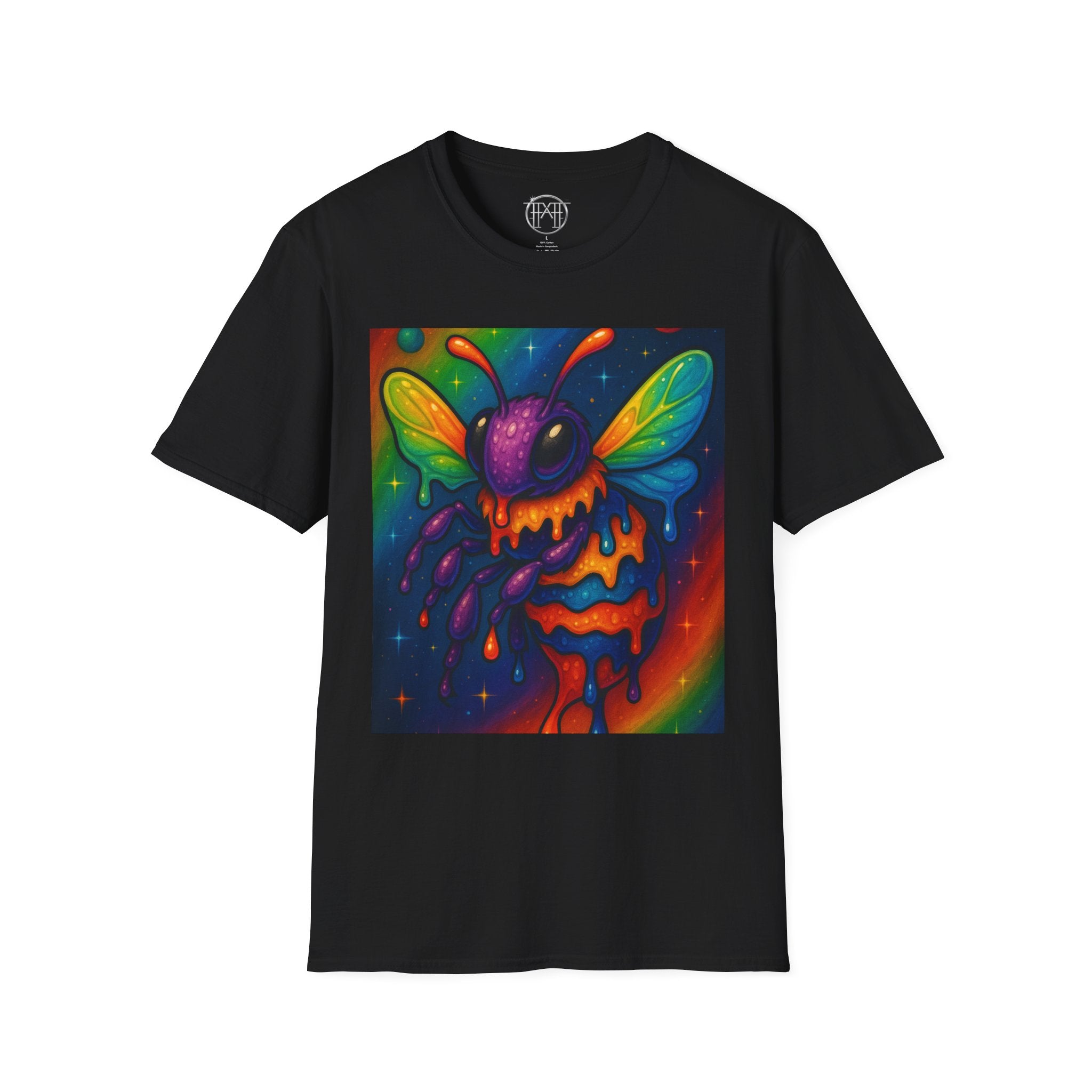 Psychedelic Dripping Bee T-Shirt — Neon Rainbow Insect Graphic Tee