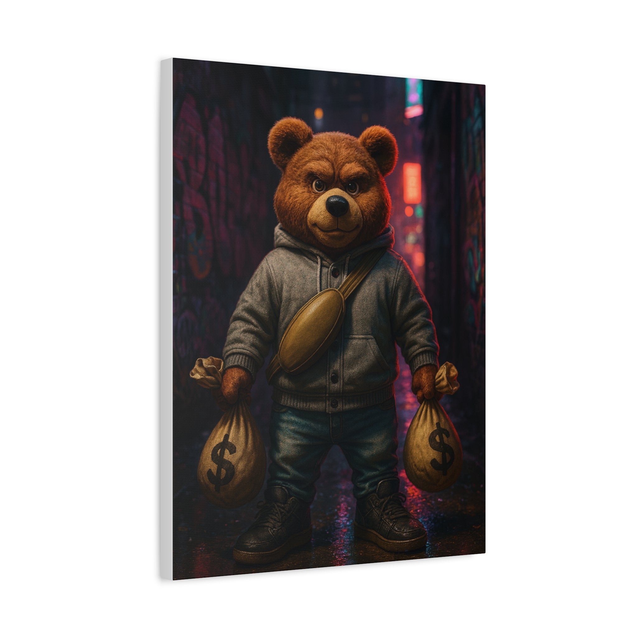 Urban Teddy Bear Canvas Art — Streetwise Teddy with Money Bags Matte Stretched Print