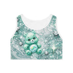 Mint Kawaii Bear Sports Bra — Cute Pastel Athletic Crop with Hearts