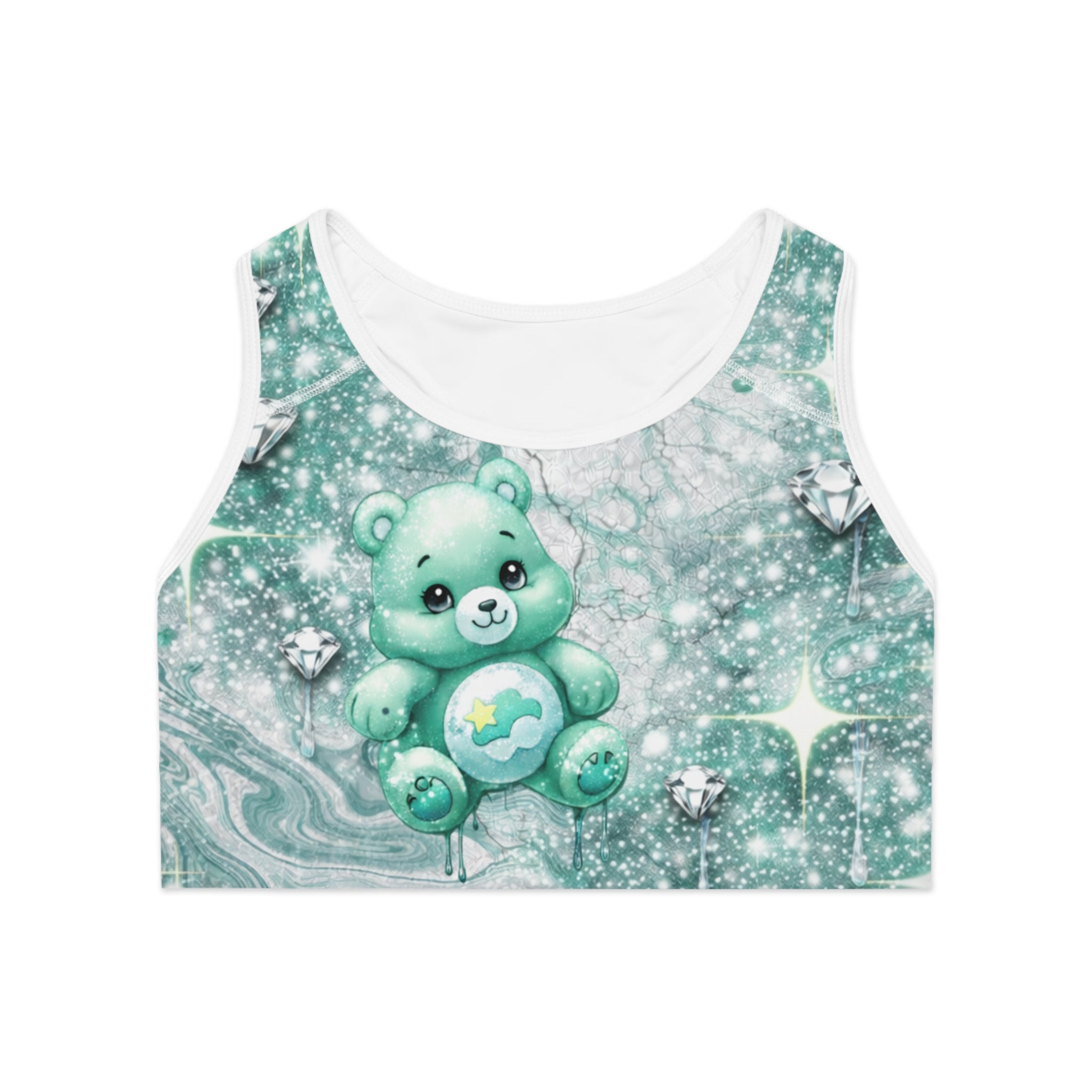 Mint Kawaii Bear Sports Bra — Cute Pastel Athletic Crop with Hearts