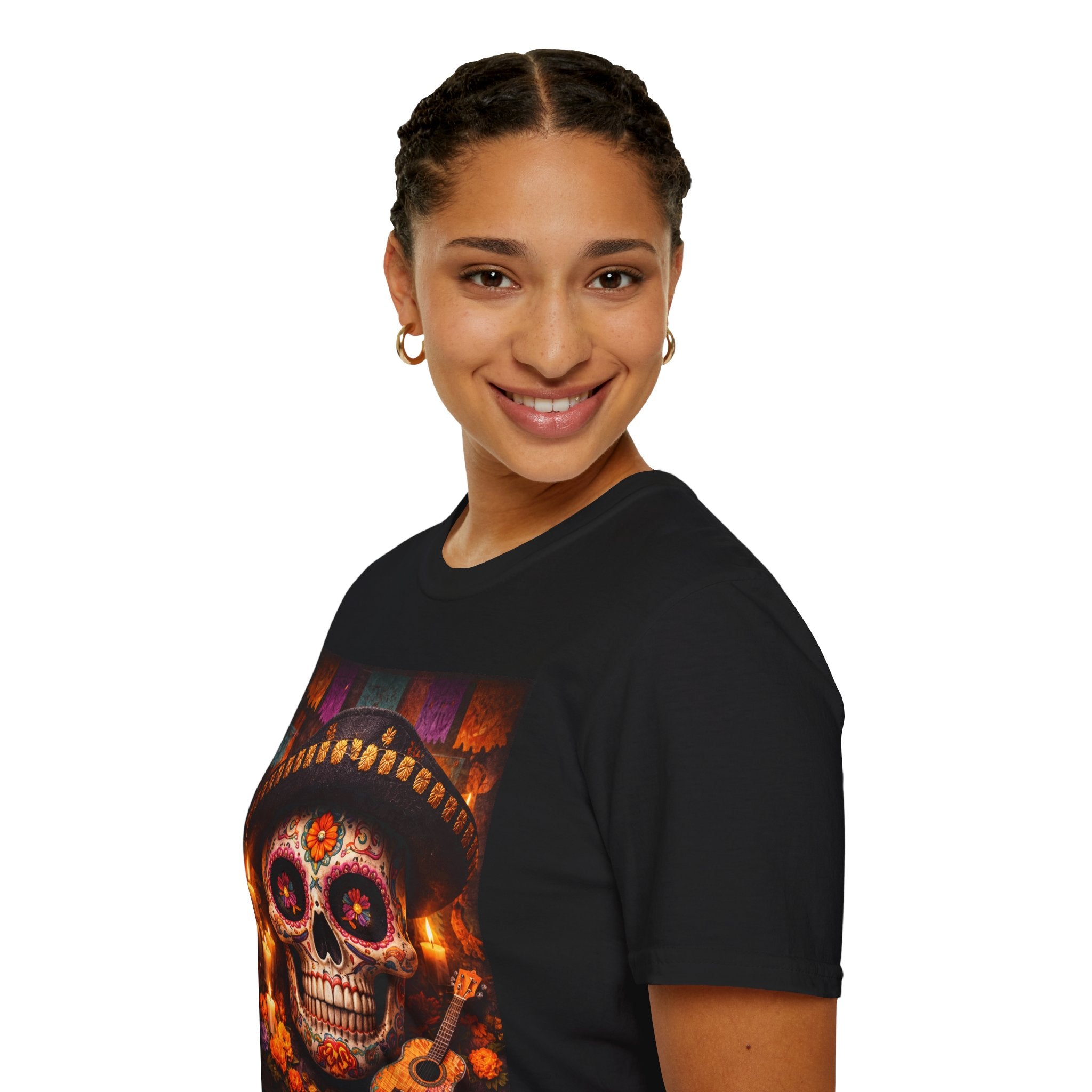 Day of the Dead Sugar Skull T-Shirt — Floral Calavera with Guitar & Candles