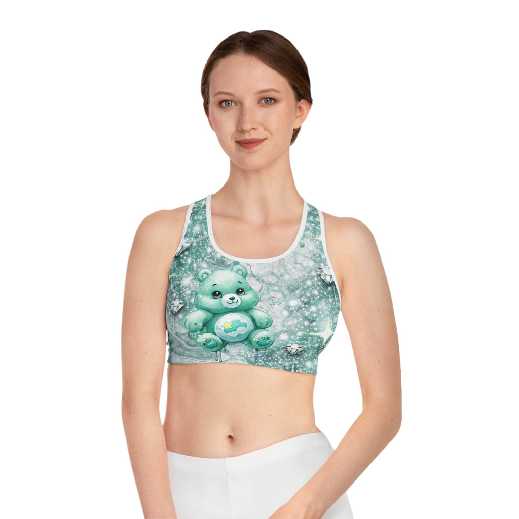 Mint Kawaii Bear Sports Bra — Cute Pastel Athletic Crop with Hearts