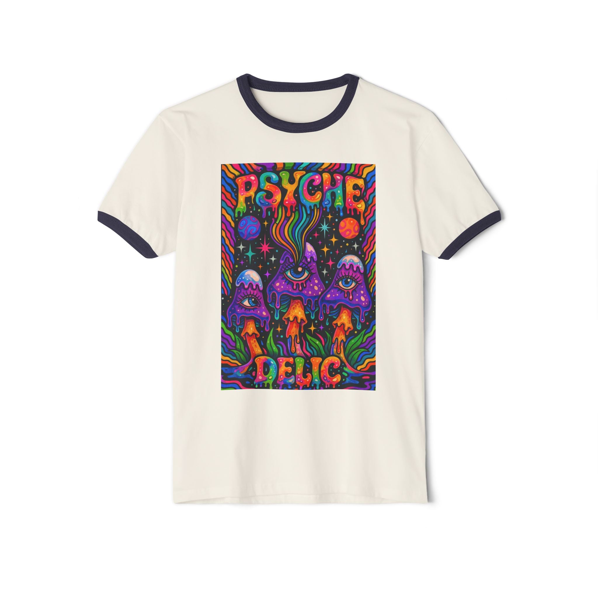 Psychedelic Mushroom Ringer T‑Shirt — 'Psyche Delic' Retro Trippy Graphic