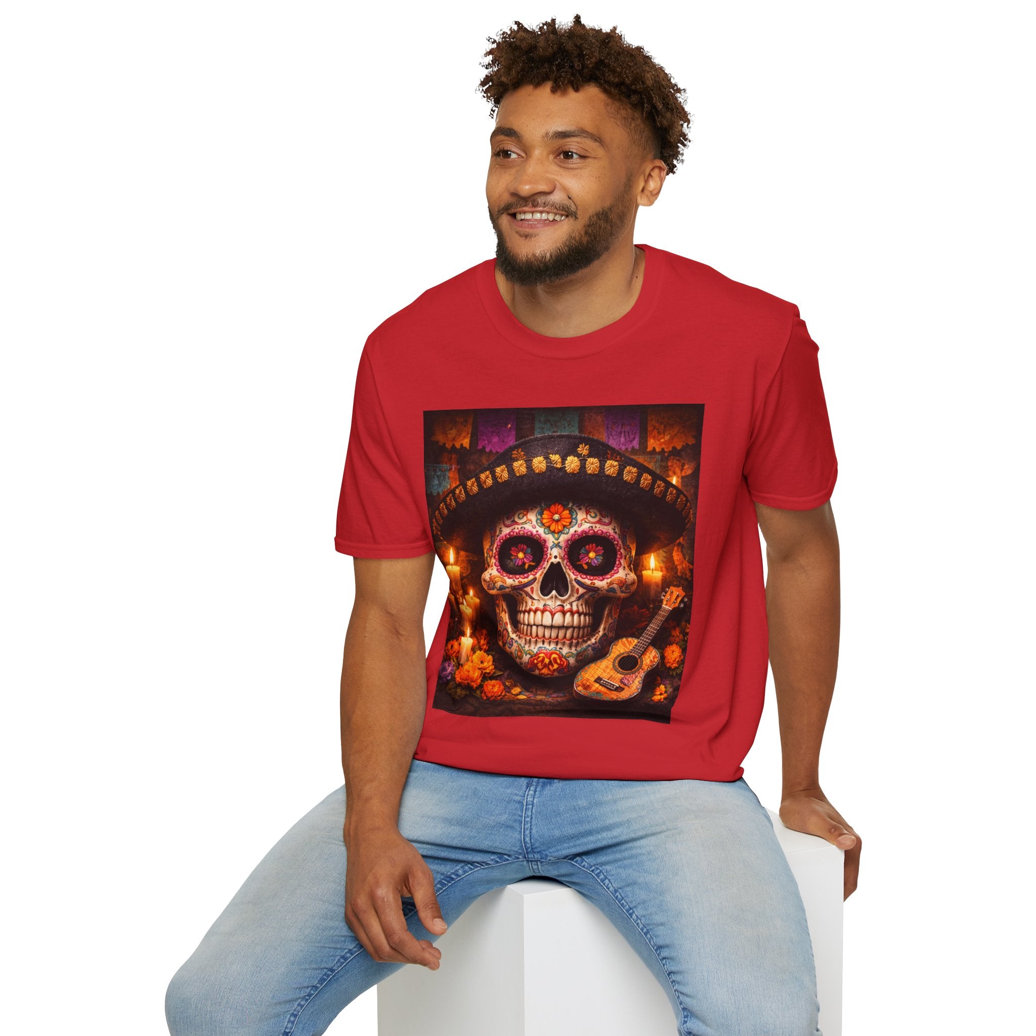 Day of the Dead Sugar Skull T-Shirt — Floral Calavera with Guitar & Candles